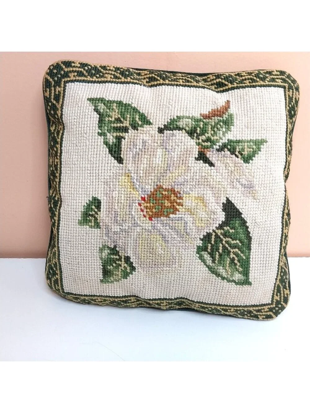 Vintage Needlepoint Floral Throw Pillow Velvet Back Mid Century 9